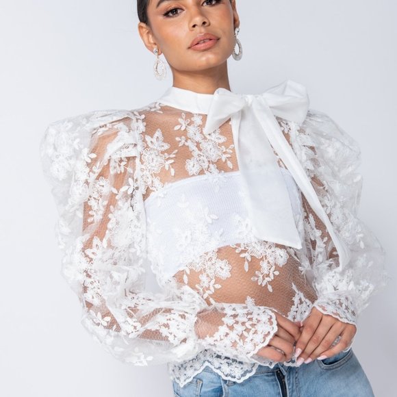 White Lace Long Puff Sleeve Pussy Bow Tie Blouse - Picture 8 of 9